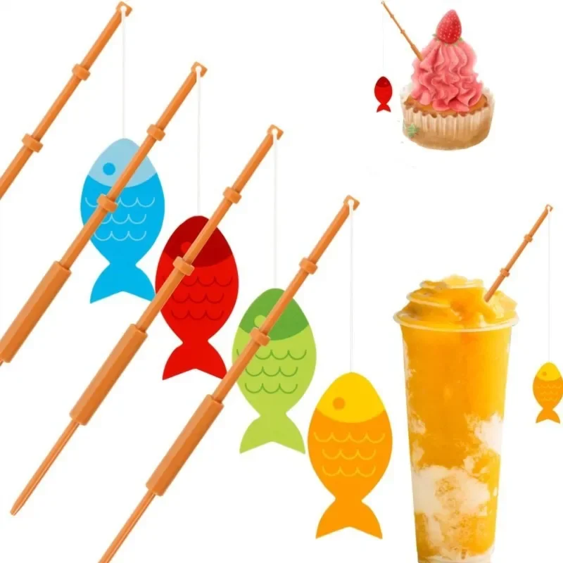 10pcs Birthday Cake Fishing Rod Insert Child Toys Girls Fisherman Decoration Cupcake Topper