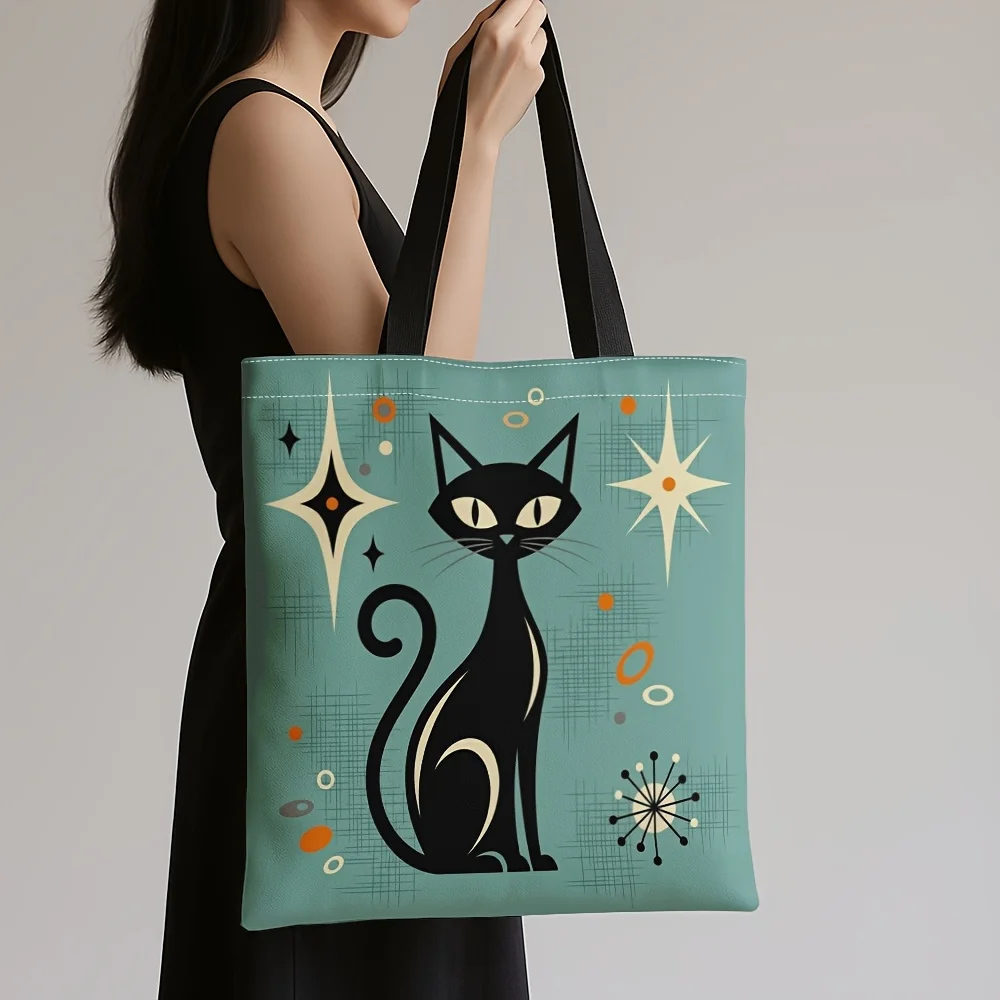 1pc Mid-Century Retro Handbag, Large Capacity Shoulder Bag, Shopping Bag,  Black Cat And Starburst Suitable for Daily Travel