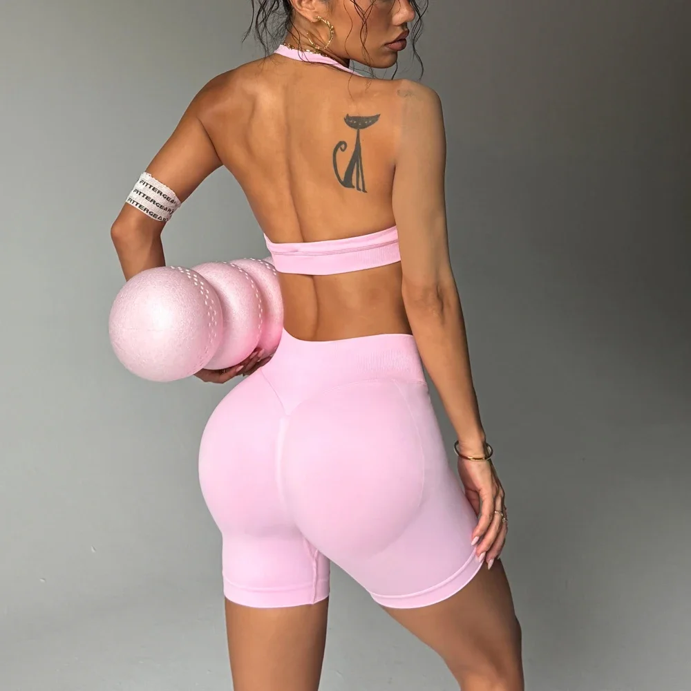 Conjunto de pantalones cortos de Yoga sin costuras para mujer, Sujetador deportivo con cuello Halter, pantalones cortos de gimnasio de cintura baja, trajes deportivos, ropa de entrenamiento, 2 uds.