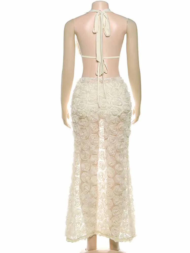 Mcdv halter sexy 3d flor vestido conjunto feminino metal rendas até sutiã topos + calcinha + saia longa terno 2025 verão praia férias outfits y2k