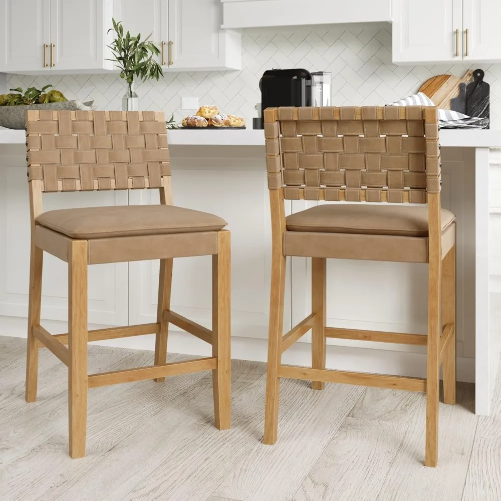 

Cohen Mid-Century Modern Leather Bar Stool, Counter Height Chair in Solid Wood Frame with Footrest and Woven Leather Back for Ki