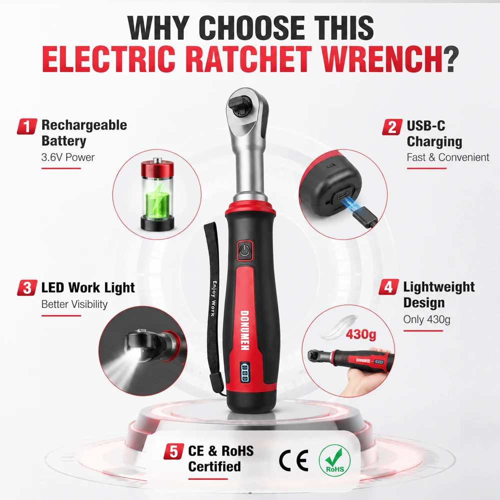 3/8'' Electric Power Ratchet Wrench Cordless 3.6V Rechargeable LED Light USB-C Charging Auto Repair To