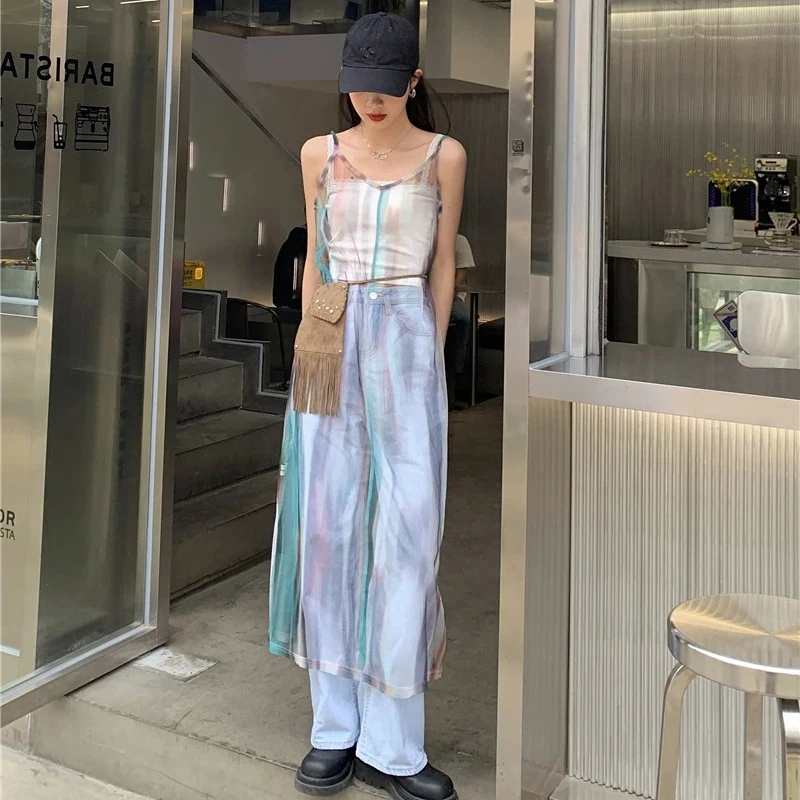 Y2K Tie Dye Tulle Midi Dress Women Streetwear Sheer Spaghetti Strap One Pieces Dresses Korean Harajuku Mesh See Through Vestidos