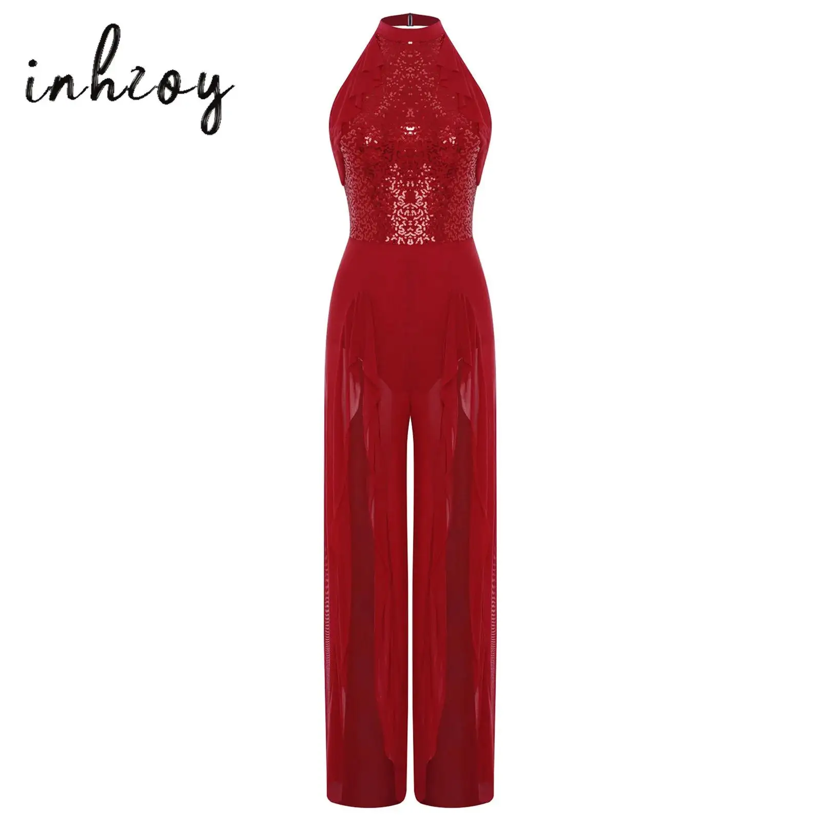 

Women Lyrical Dance Costumes Sequins Halter Sleeveless Back Cut Mesh Tulle Flowy Side Slit Long Pants Jumpsuit for Morden Dance