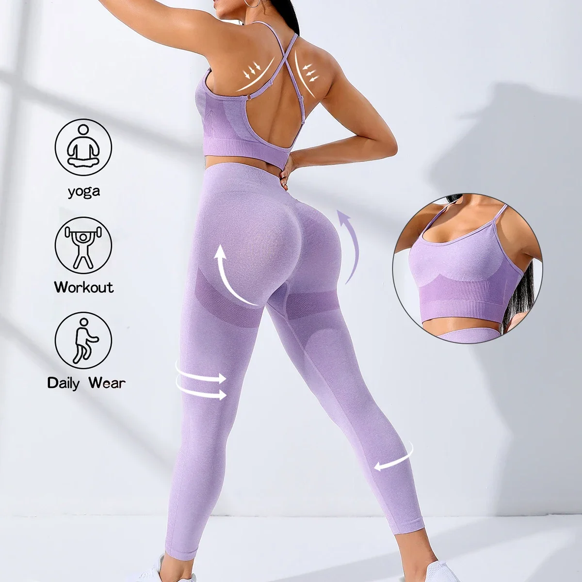 Nahtloses Yoga-Set für Damen, 2-teiliges Workout-Outfit, dehnbare Leggings und dünnen Trägern, Sport-BH, Fitnessbekleidung – Detail 3