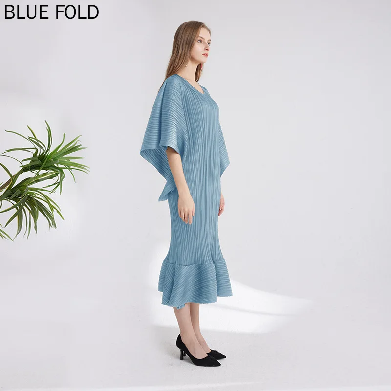 MIYAKE PLEATS Spring and Summer Fluttering Sleeve Dress Fishtail Comfortable Casual Large Size Women's Dress Elegant Femme Ropa