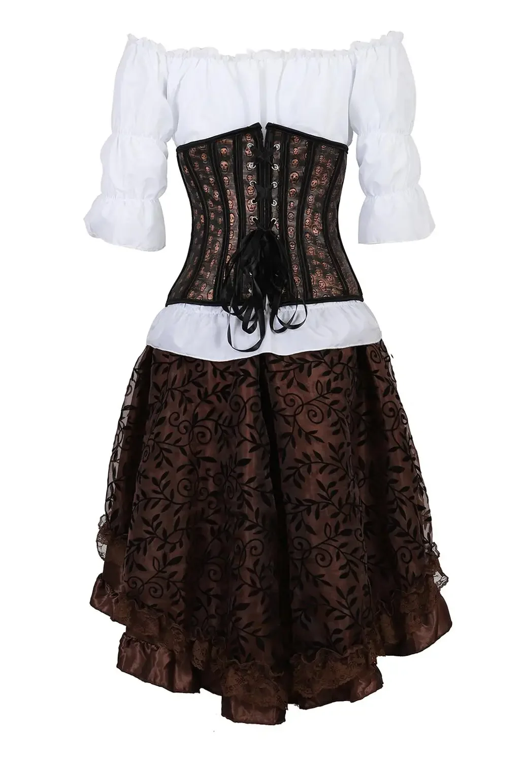 Women Corset Skirt Blouse Suit Leather Bustiers Outfits Steampunk Skull Underbust Skirts Shirt Set Carnival Party Costumes