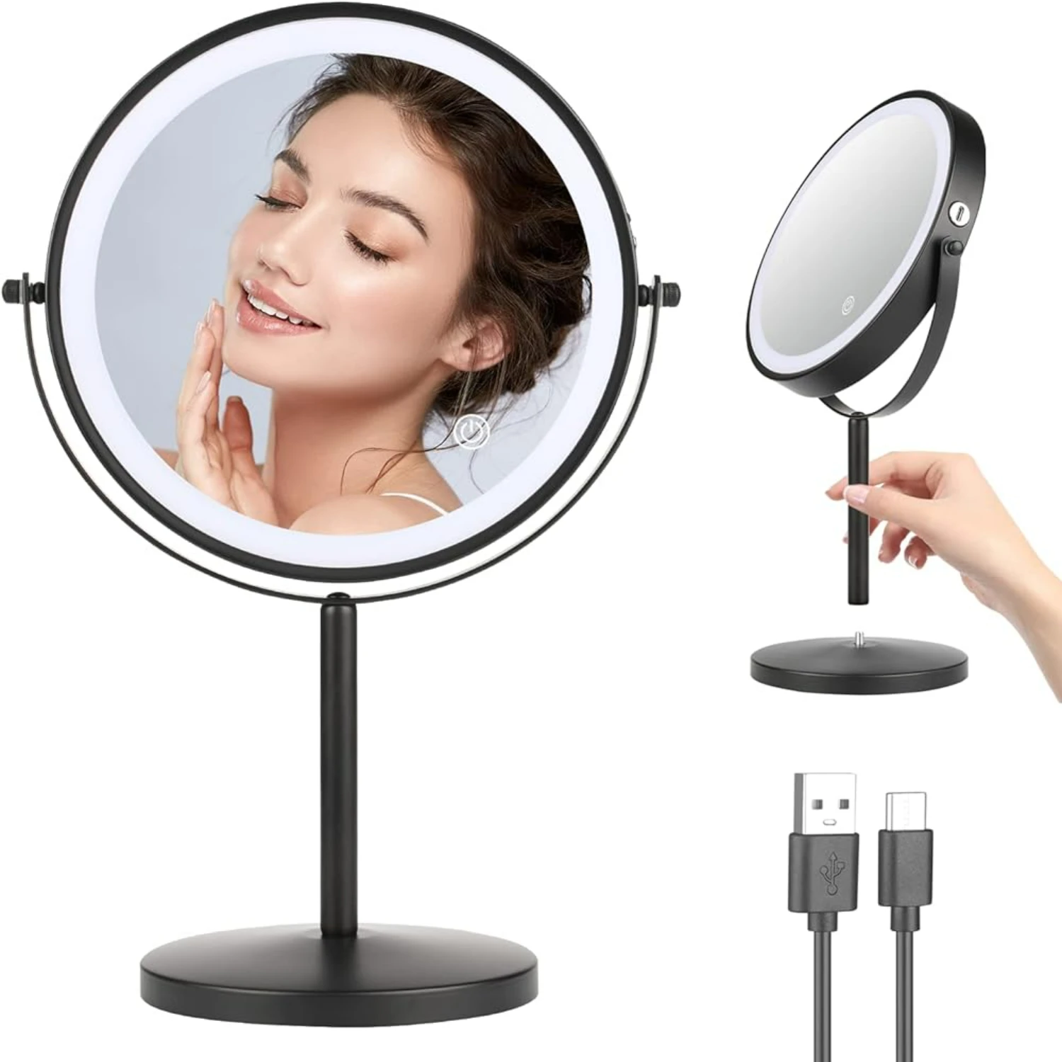 Adjustable Brightness Smart Touch 8 Inch Rechargeable Desktop Vanity Mirror with Lights, Double Sided 1X/10X Magnifying Makeup M