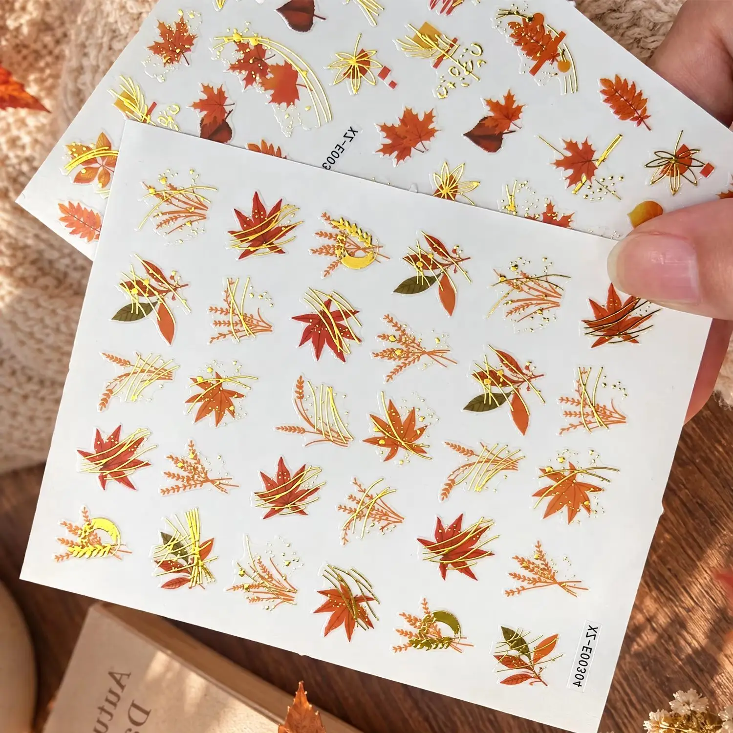6Pcs Autumn Fall Leaves Nail Art Sticker Maple Leaf Ginkgo Pumpkin Fox Self Adhesive Slider Decals DIY Maple Leaves Nail Sticker