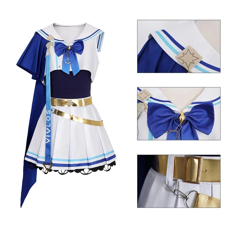 

Pretty Derby Uma Musume Cosplay Costume Vivlos Blue JK Sailor Uniform Stage Outfit Women's Dress Swimsuit Wig Ears Tail Set ,[6j