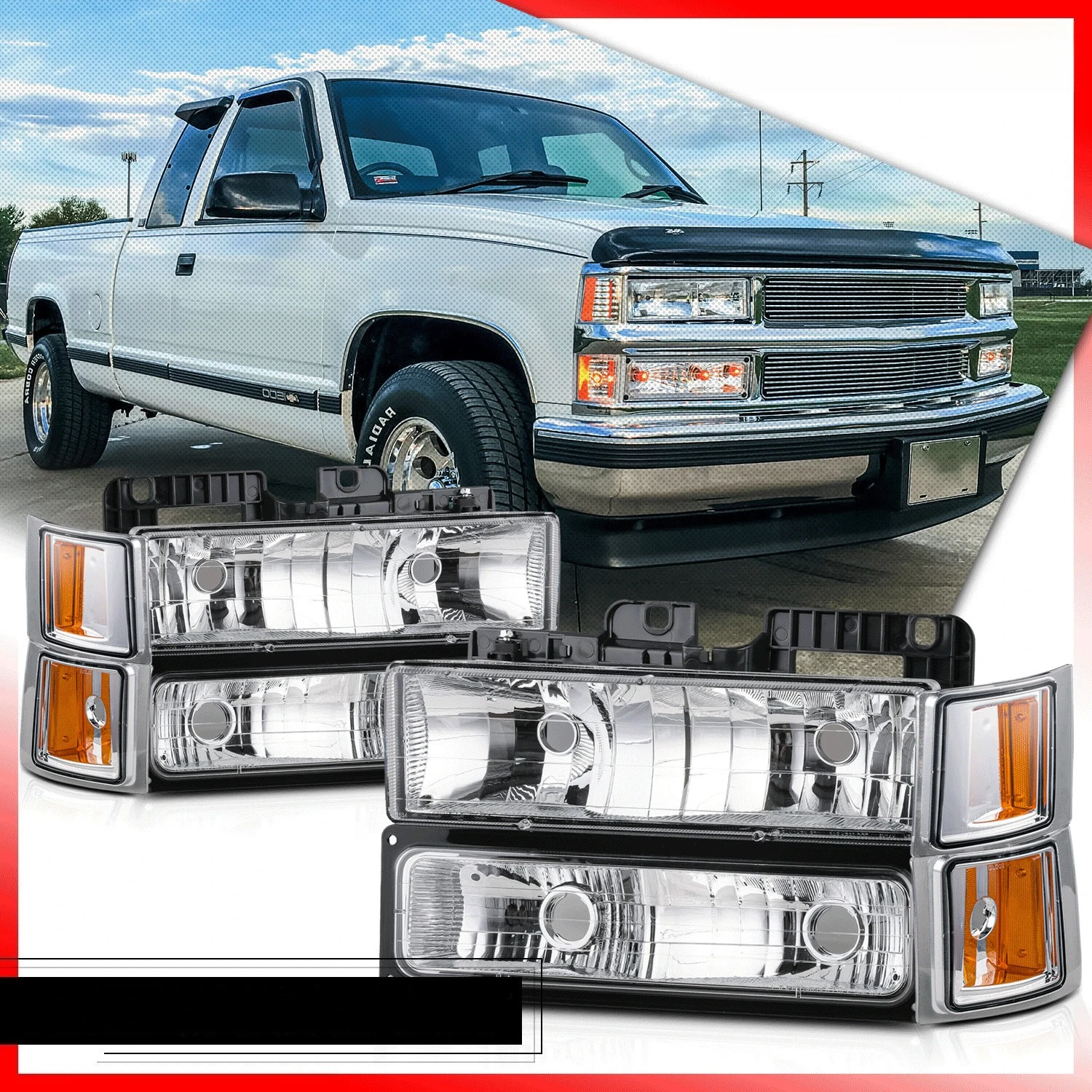 

8PC [HEADLIGHT+BUMPER CORNER LAMP] Chrome Housing for 94-00 Chevy C/K C10 Pickup