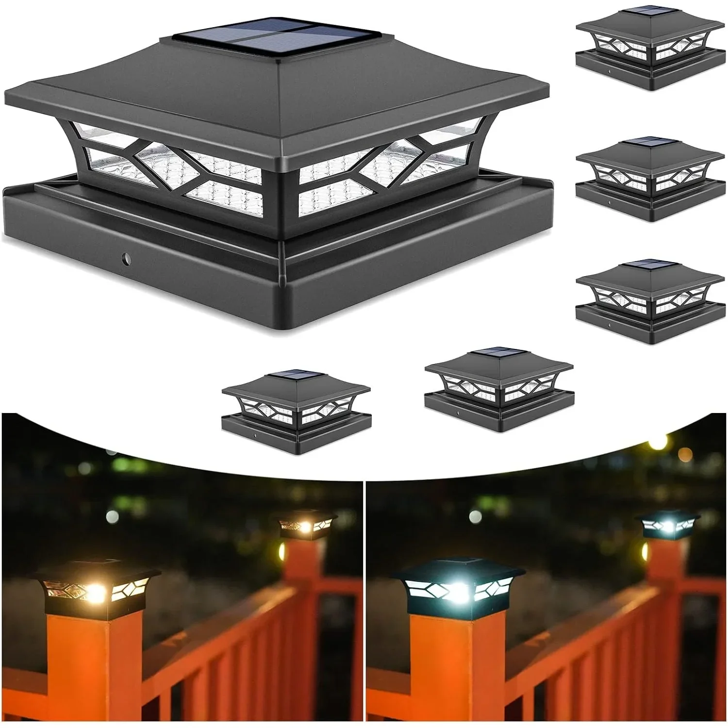 

Solar Post Cap Lights:6Pack Outdoor Deck Post Cap Lights Black for Dock Fence Waterproof 2 Color Modes,4x4/6x6 Wood/Vinyl Posts