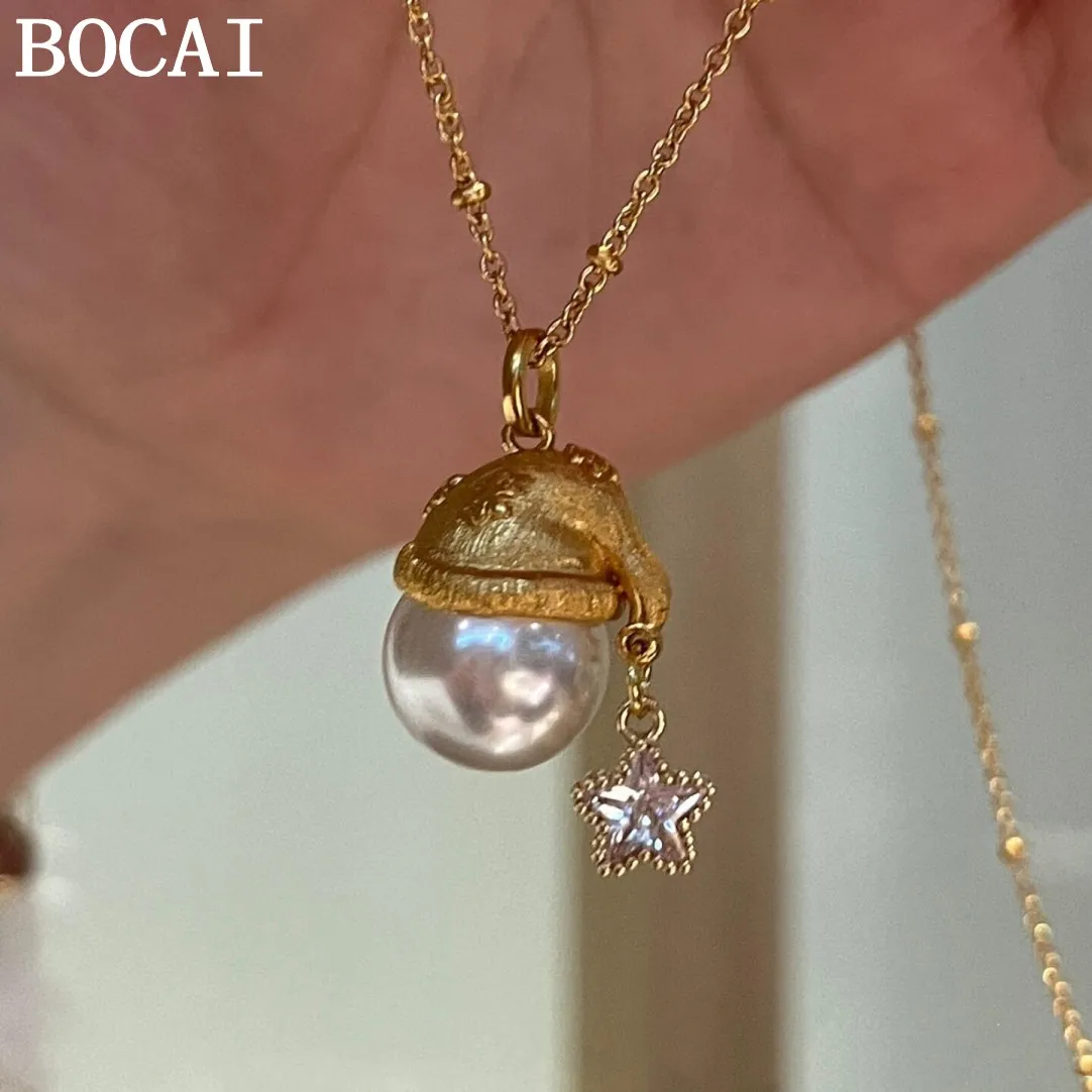 

Новый модный кулон BOCAI из серебра S925 с матовой отделкой, в виде рождественской шапки со звездой и жемчугом, женский стиль