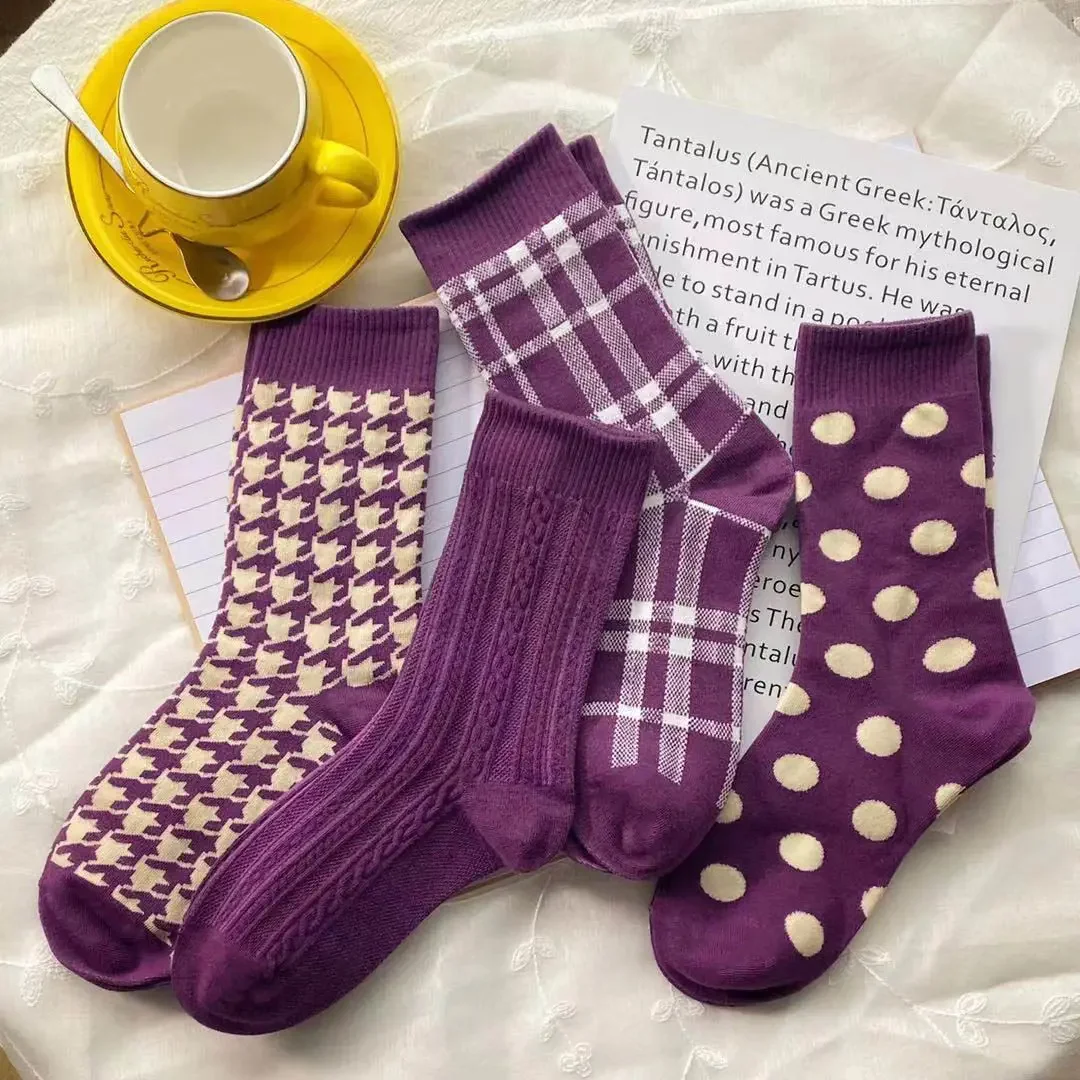 Socks Women Purple Winter Thick Warm All-match Fashion Houndstooth Ins Design Cozy Harajuku Elasticity Leisure Aesthetic