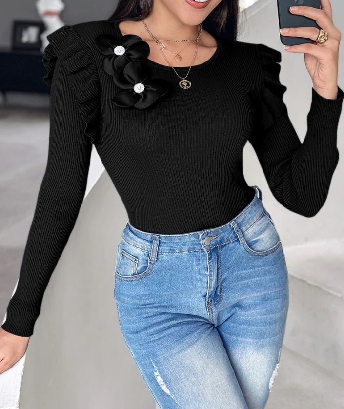 

Hot Selling Pullover Top for Women 2024 Spring Autumn Round Neck Long Sleeve Floral Pattern Ruffle Hem Knit Sweater Blouses