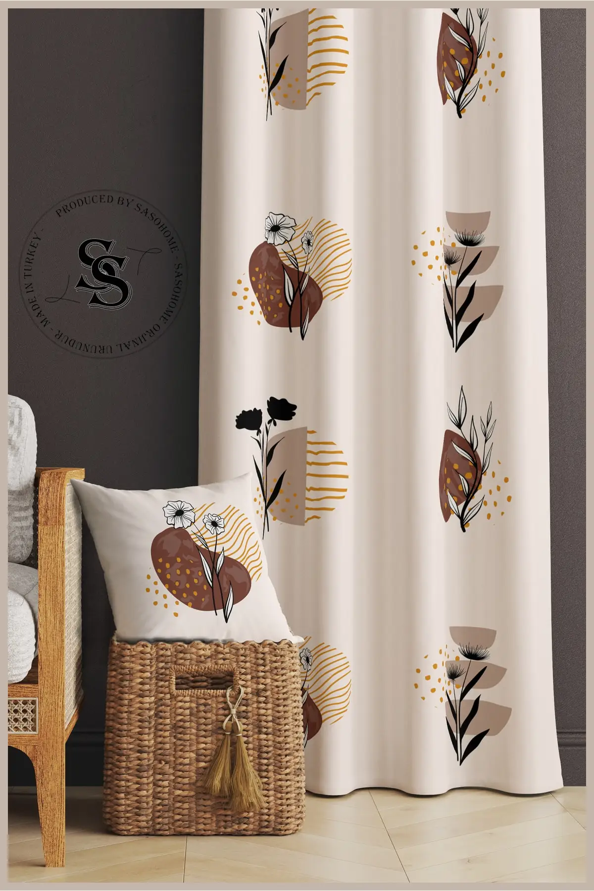 Curtain Spring Flowers Patterned Brown Lines Patterned 140 X 270 Cm Quality - Digital Printed Backdrop