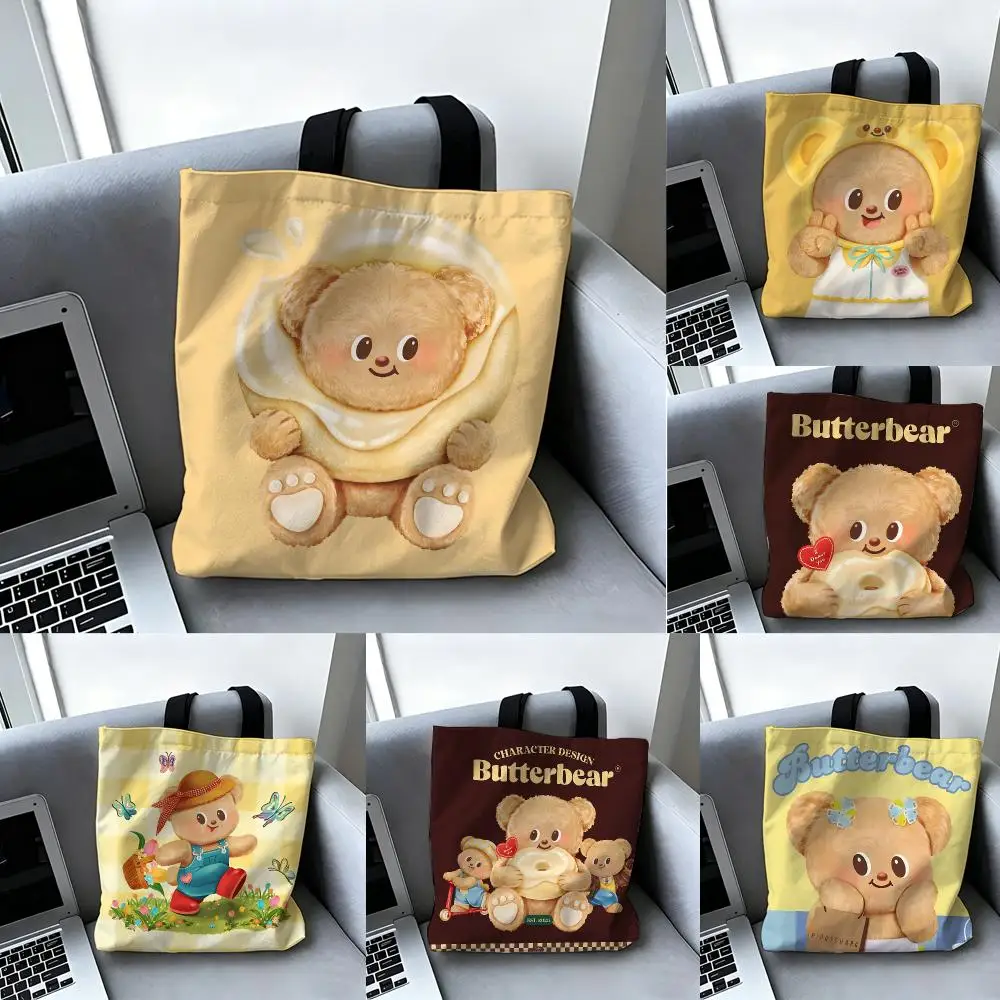Cute B-Butter Bear Storage Bags Double-Sided Printed Canvas Tote Bag Large Capacity Women Shoulder Handbag