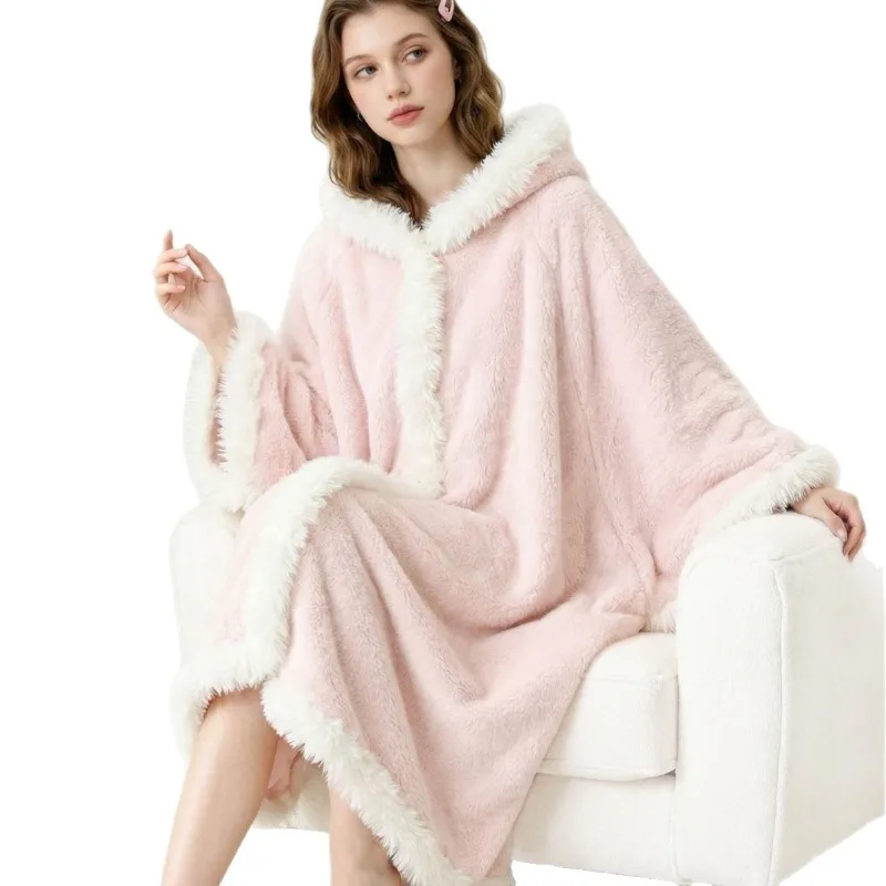 Pijama de Algodón con Capucha de Terciopelo Grueso para Mujer, Novedad de Otoño e Invierno, Bata de Casa con Diseño de Dibujos Animados, Estilo Capa, Suave y Cómoda