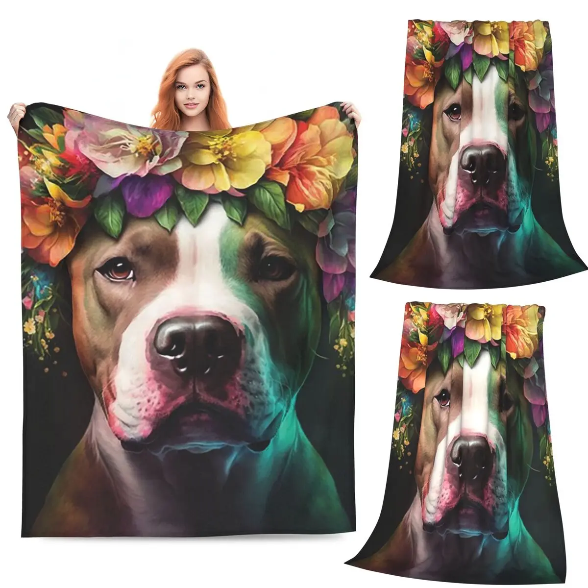 

American Terrier Pit Bull Vibrant Tropical Flower Painting Blanket Warm Flannel Throw Blanket Plush for Living room Picnic Couch