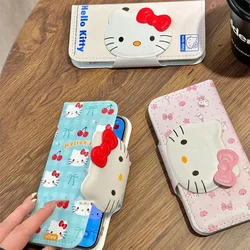 New Miniso Hello Kittys IPhone 15 Case Kawaii Cartoon Creative Retro PU Flip Cover 14promax IPhone16 13 Cases Toys Girl Gifts