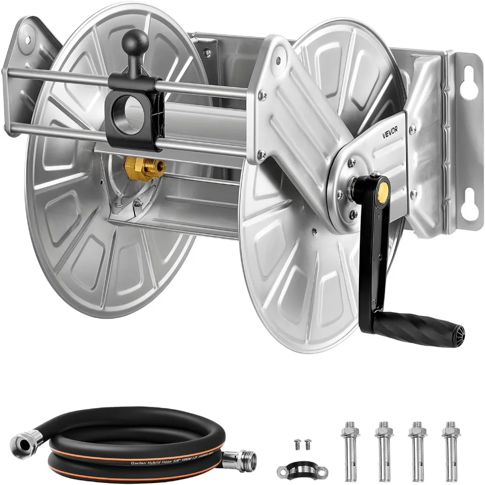

Stainless Steel Garden Hose Reel Wall/Floor Mounted, Heavy Duty Manual Hose Winder Holds 150 ft 5/8 in Water Hoses, Outdoor