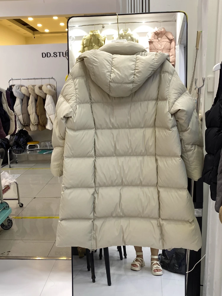 여성용 푹신한 다운 재킷 겨울 롱 후드 파카 2025 신상 두꺼운 따뜻한 루즈핏 오버사이즈 솔리드 컬러 90% 화이트 덕다운 푸퍼 코트