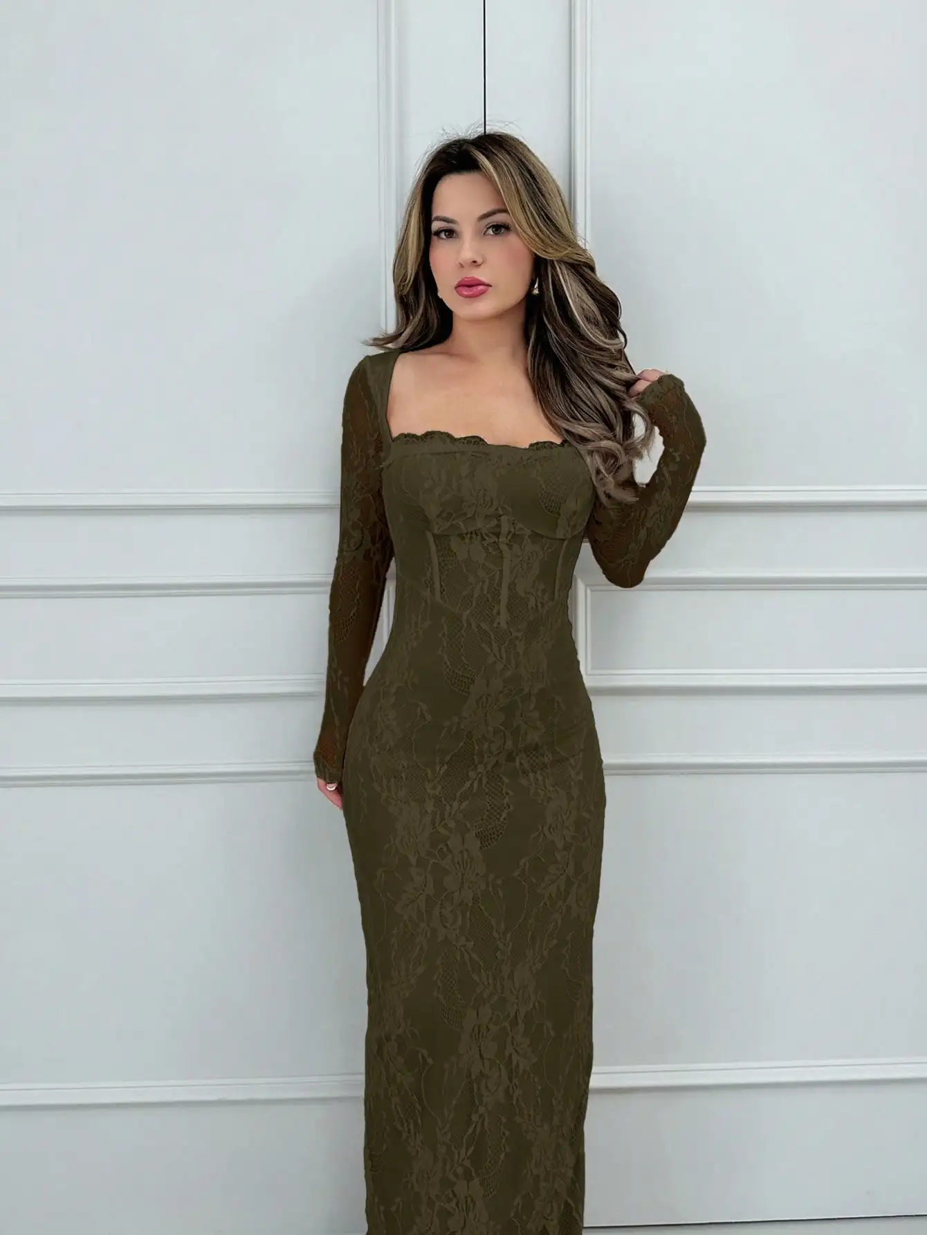 

Женское платье Jemour: Новинка осенне-зимней коллекции, сексуальное, с S-образным кружевным корсетным воротником, длинными рукавами, облегающее, в пол, для вечеринок, свиданий и банкетов