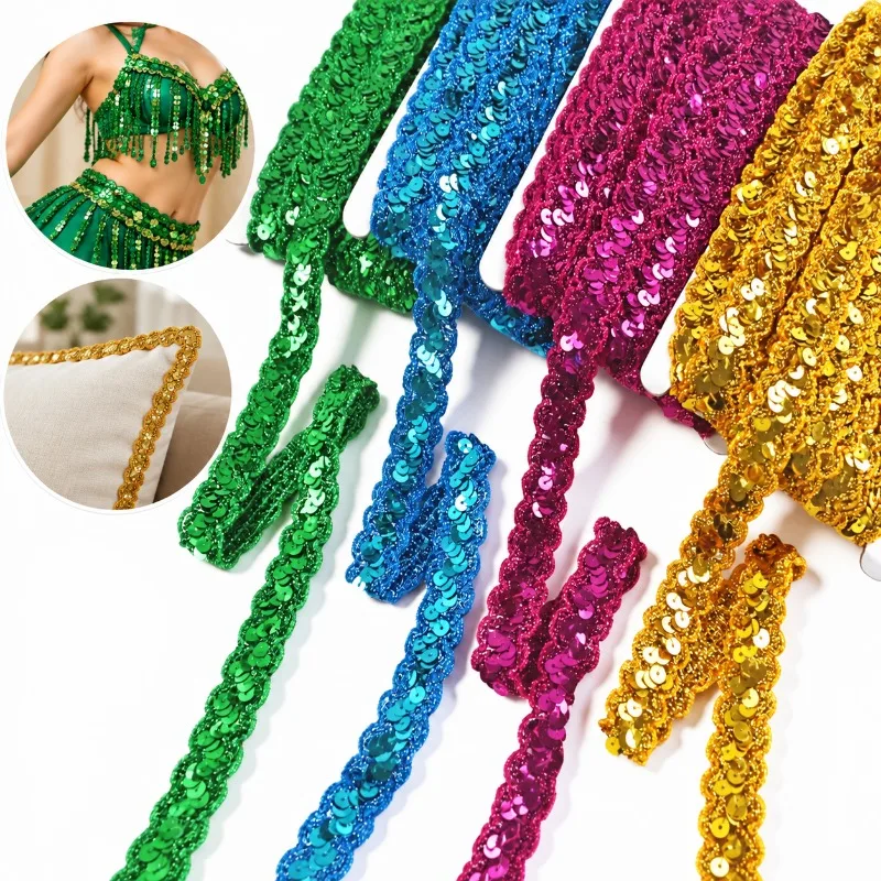 1Pc=13Meters 23mm Shiny Sequin Lace Trim Braided Polyester Mesh Ribbon Dance Dress Stage Costume Garment DIY Sewing Accessories