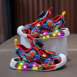 Disney Anime Spiderman Sandals Baby Boys Fashion Dazzling Cool With Led Light Luminescent Shoes Protecting Toe Beach Sandals