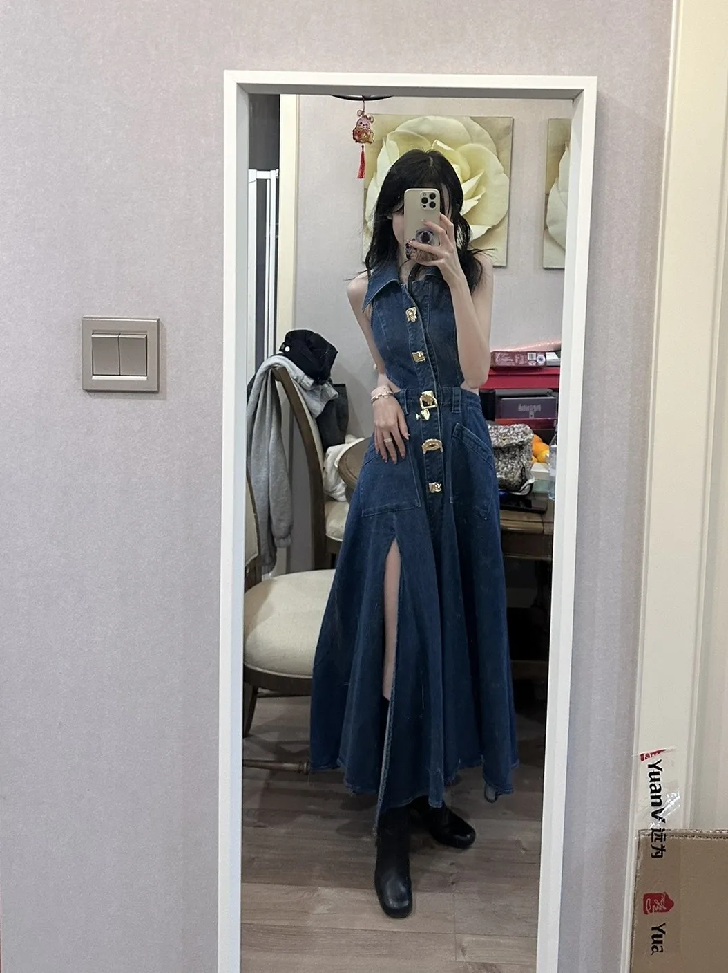 Robe en Denim Ultra Longue pour Femme, Mode Coréenne, Élégante, Taille Découpée, Métal, Simple Boutonnage, Rétro, Bleu, Printemps Été