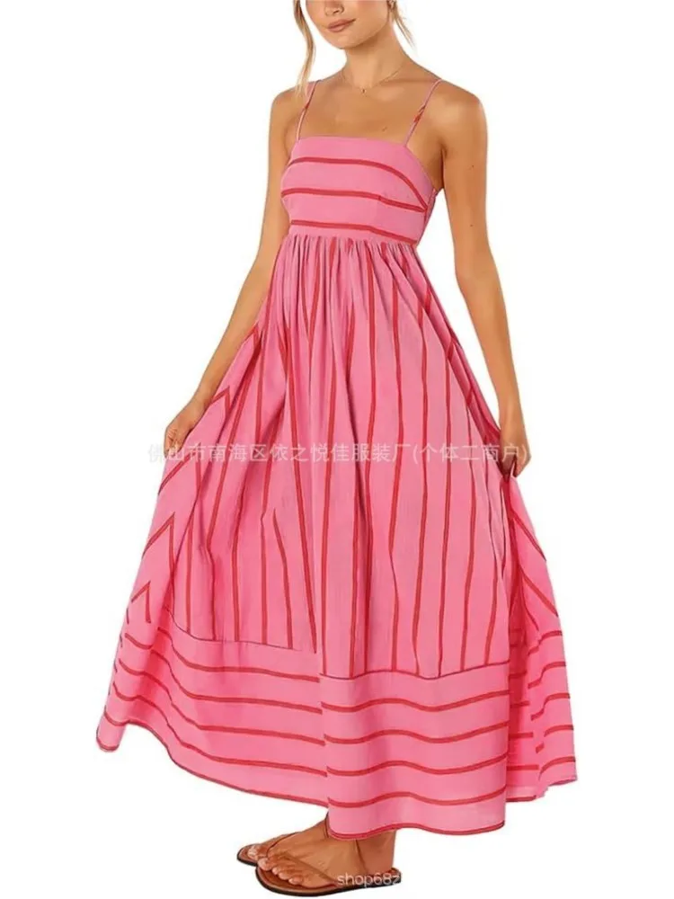 

Summer New Fashionable Casual Bohemian Style Elegant Long Dresses Women's Striped Hanging Strap Sexy Big Swing Maxi Dress