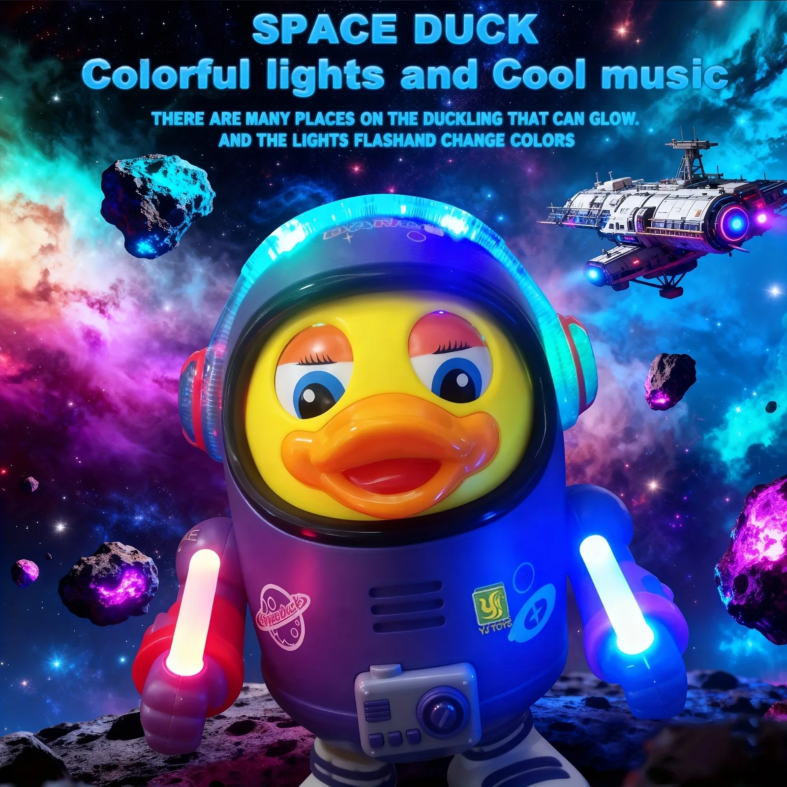 Space Dancing Duck Toy for Kids - Electronic Walking Dancing Robot Duck with Colorful Flashing Lights, Cool Music, Blinking Eyes