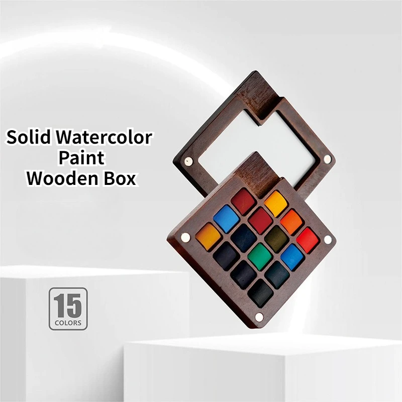 

Portable Palette Solid Watercolor Set 15 Colors Walnut Paint Box Travel Sketching Mini Watercolor Paint Art School Supplies