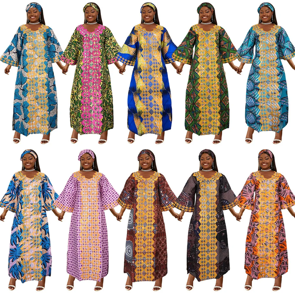 African Clothes for Women 2024 New Plus Size Dashiki Ankara Embroidery Bazin Riche Design Wedding Party Dresses with Headscarf