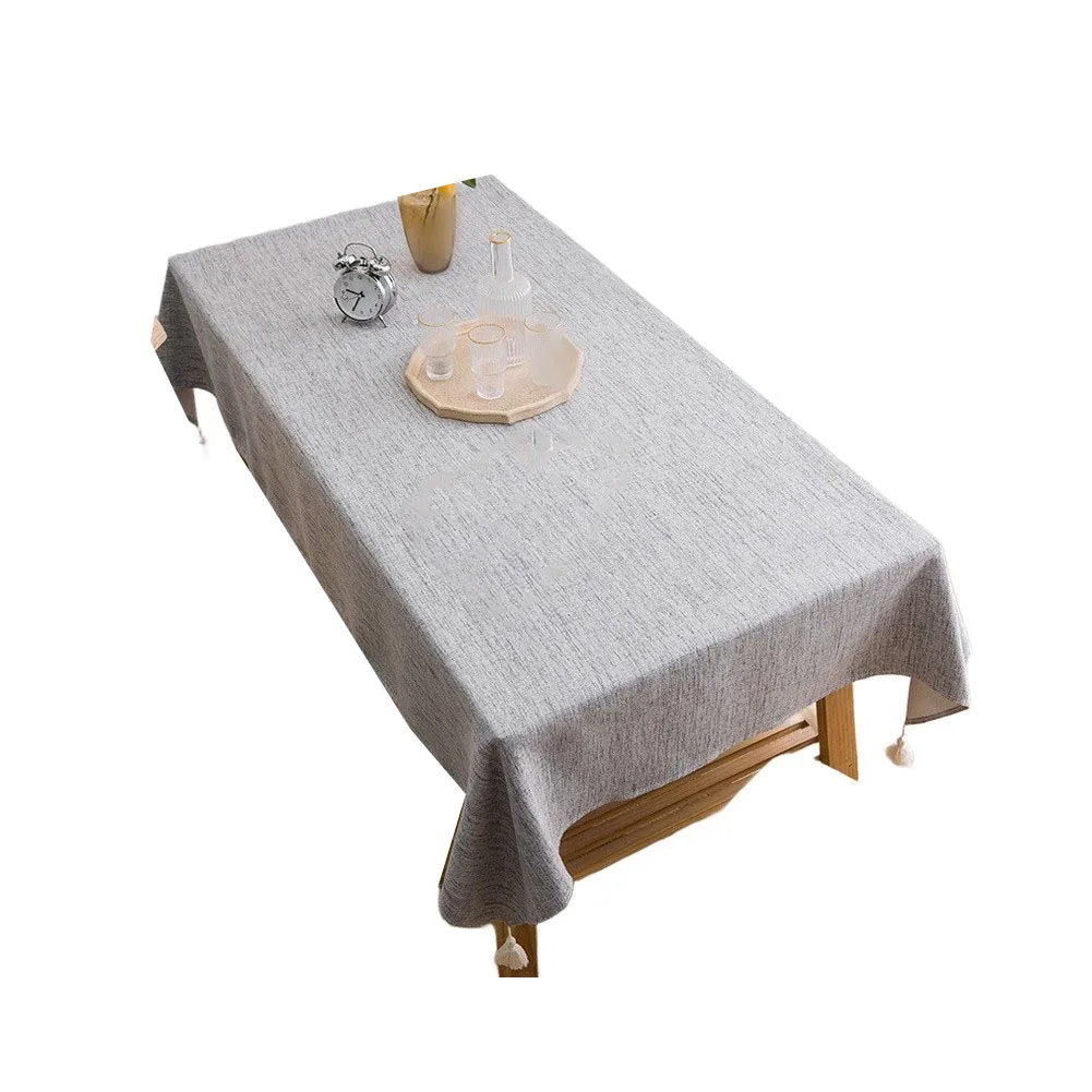 1Pc Waterproof Oilproof Linen Textured Tablecloth With Tassel Corner For Dining Room Kitchen Home Decor Solid Color Table Cover