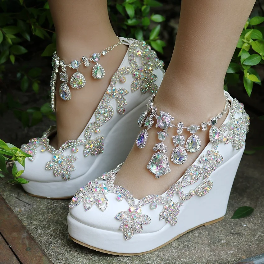 

Wedges High Heels Pumps Shoes PU Women Elegant Rhinestone 10.8CM White Heeled Wedding Office Party Shoes Ladies Large Size 41 42