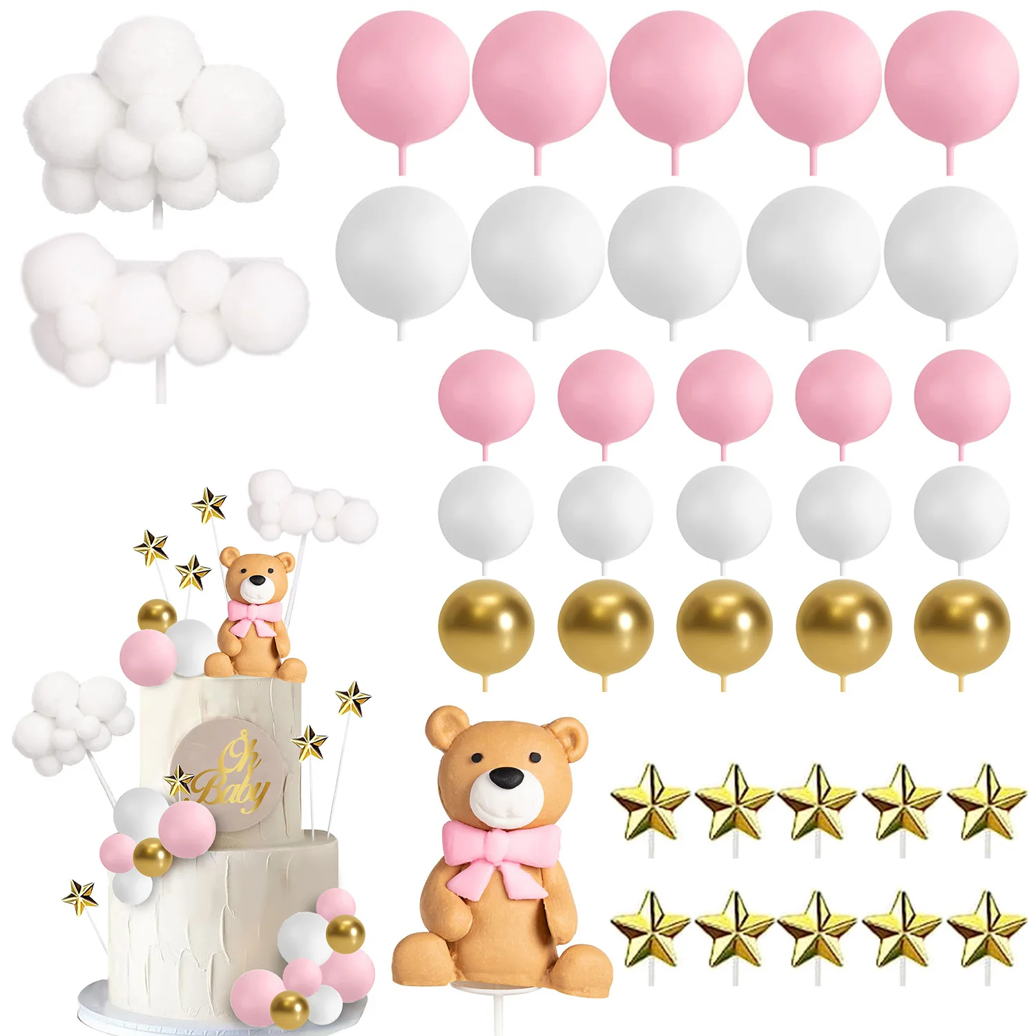 38 Uds. De Mini osito de peluche bonito, decoraciones para pasteles con estatuilla de oso, bollos, estrellas, nubes, adornos para tartas para fiesta temática de oso