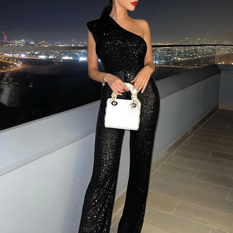 Fashion Sequin Diagonal Collar Party Jumpsuit New 2025 Glitter High Waist Long Jumpsuit Lady Temperament Wide Leg Pant Playsuit