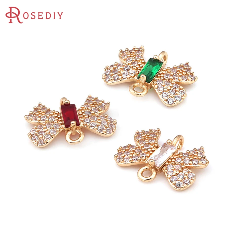 4PCS High Quality 18K Gold Color Brass and Zircon 2 Holes Bow-knot Connect Charms Pendants Jewelry Making Diy Findings 