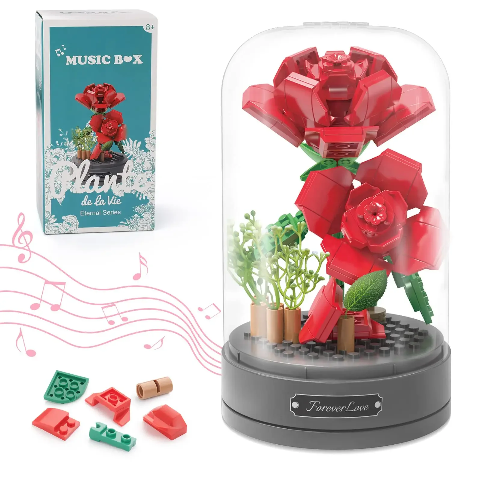 Creative Immortal Flower Music Box Rose Bouquet,City MOC Flower Arrangement Assembly Toys For Girlfriend Gifts Building Block