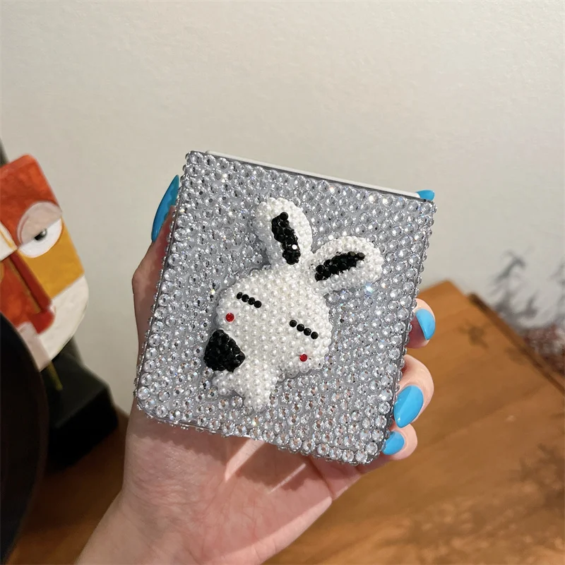 Luxury Pink Rhinestone Bunny Wrist Strap phone case For Samsung Galaxy Z Flip 3 4 5 6 7 Z Flip7 Glitter Bling Diamond Cover