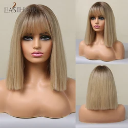 EASIHAIR brązowy do blond Ombre syntetyczne peruki do włosów krótki Bob naturalne peruki z grzywką dla kobiet żaroodporne Cosplay peruki