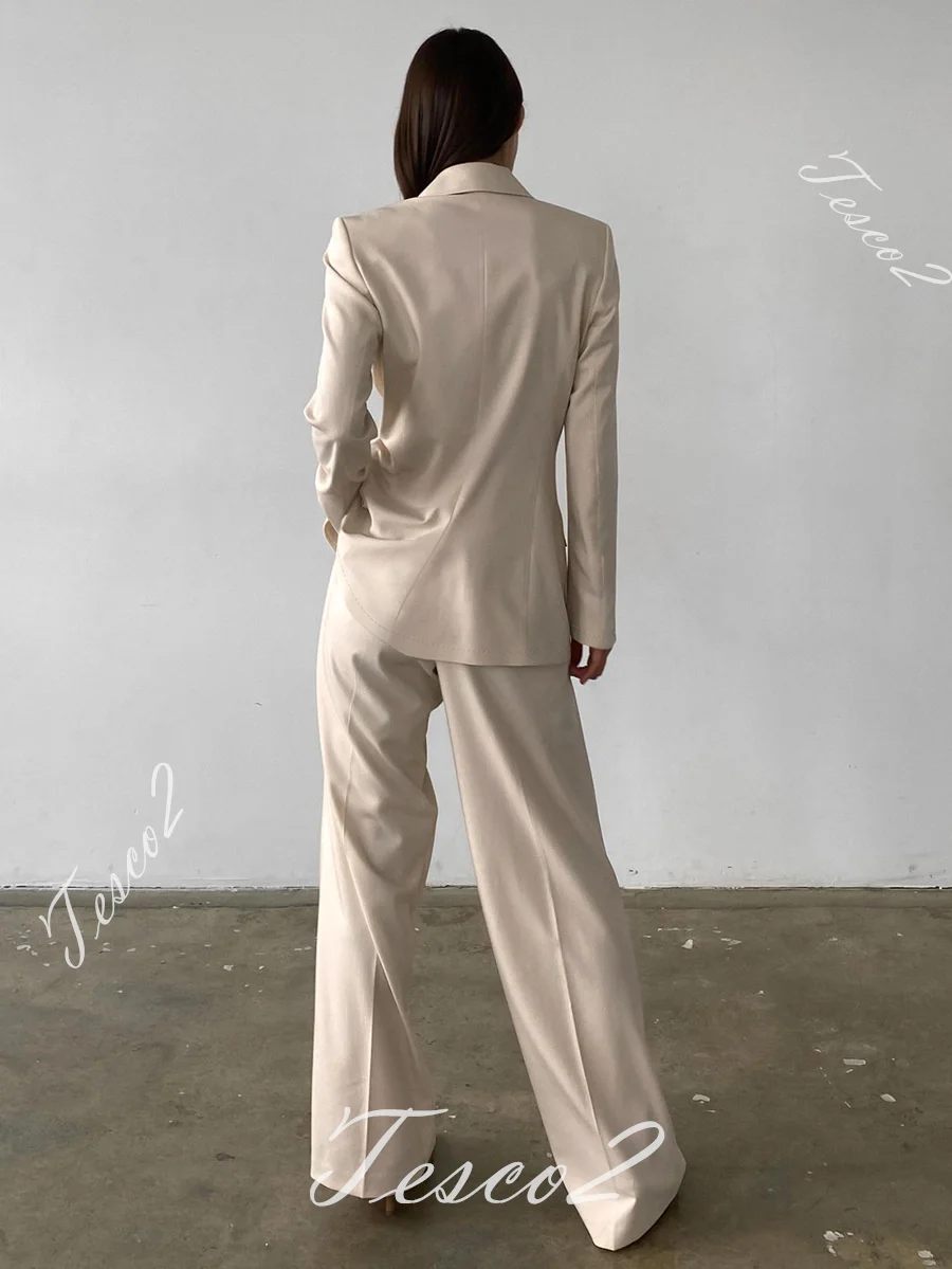 Tesco Women Pantsuit For Work Apricot Long Sleeve Blazer Suit Wide Leg Trousers Vintage Casual Office Lady Outfits For Women