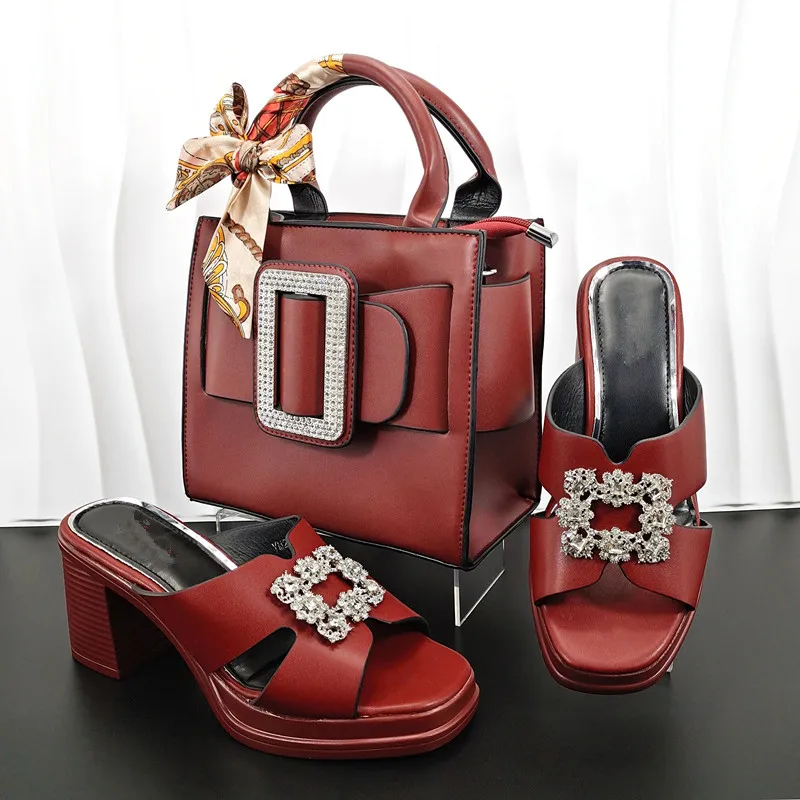 

High Grade Wine Platform 2.5CM Women Shoes Match Crystal Handbag African Dressing Pumps And Bag Set YM2301,Heel 8CM