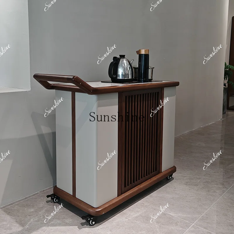 

Movable solid wood household tea cart Small apartment tea table and chair combination kettle integrated tea table FT