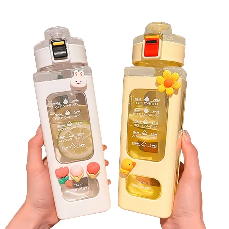 700ml Kawaii Square Milk Water Bottle With Time Marker BPA Free Cute Portable Sport Outdoor Travel Milk Tea Mug Coffee Juice Cup