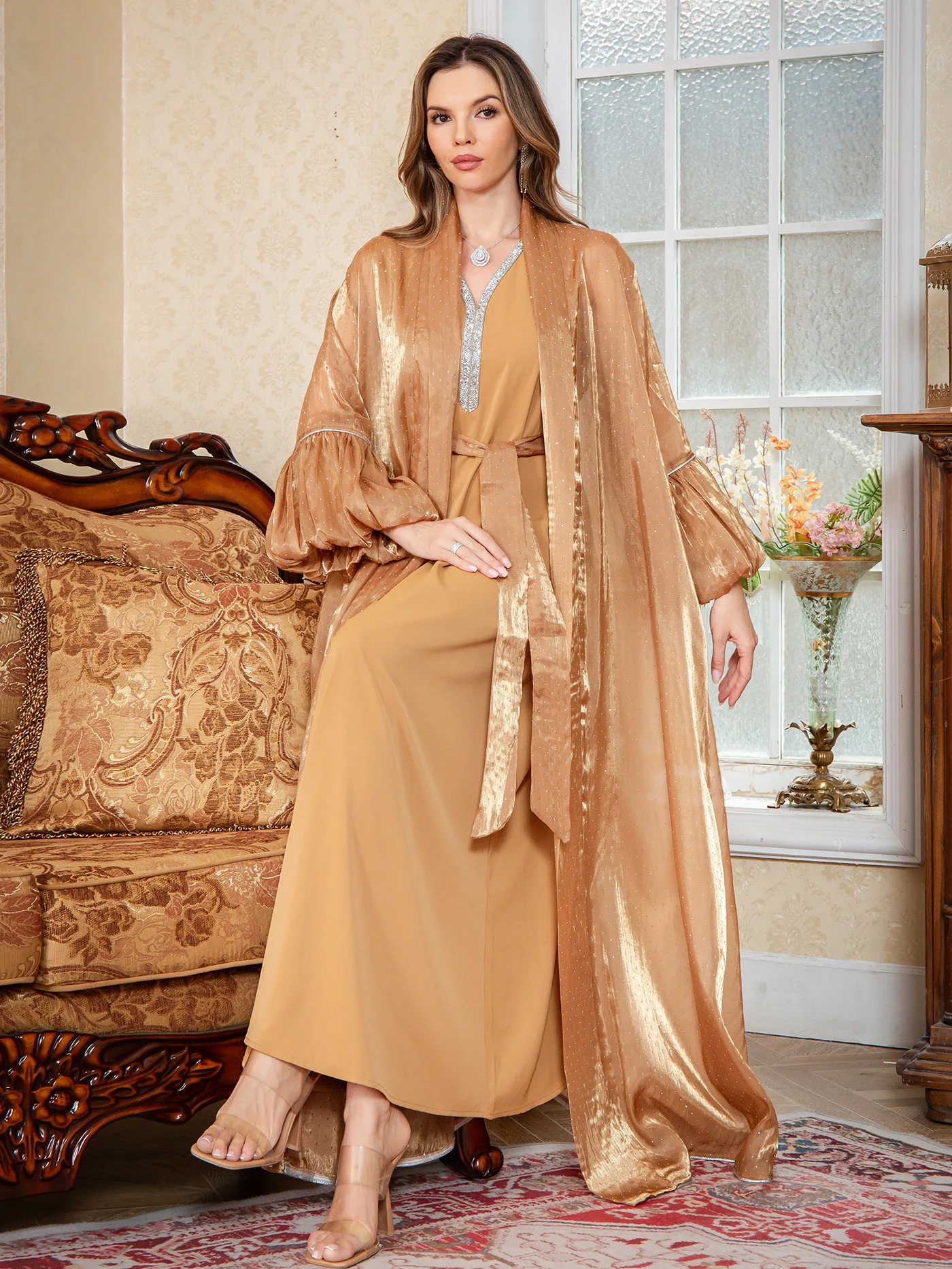 Eid Frauen 2-teiliges Set Muslimisches Abaya Perlenkleid Strickjacke Schnürung Jalabiya Ramadan Vestidos Largos Lange Robe Marokko Kaftan