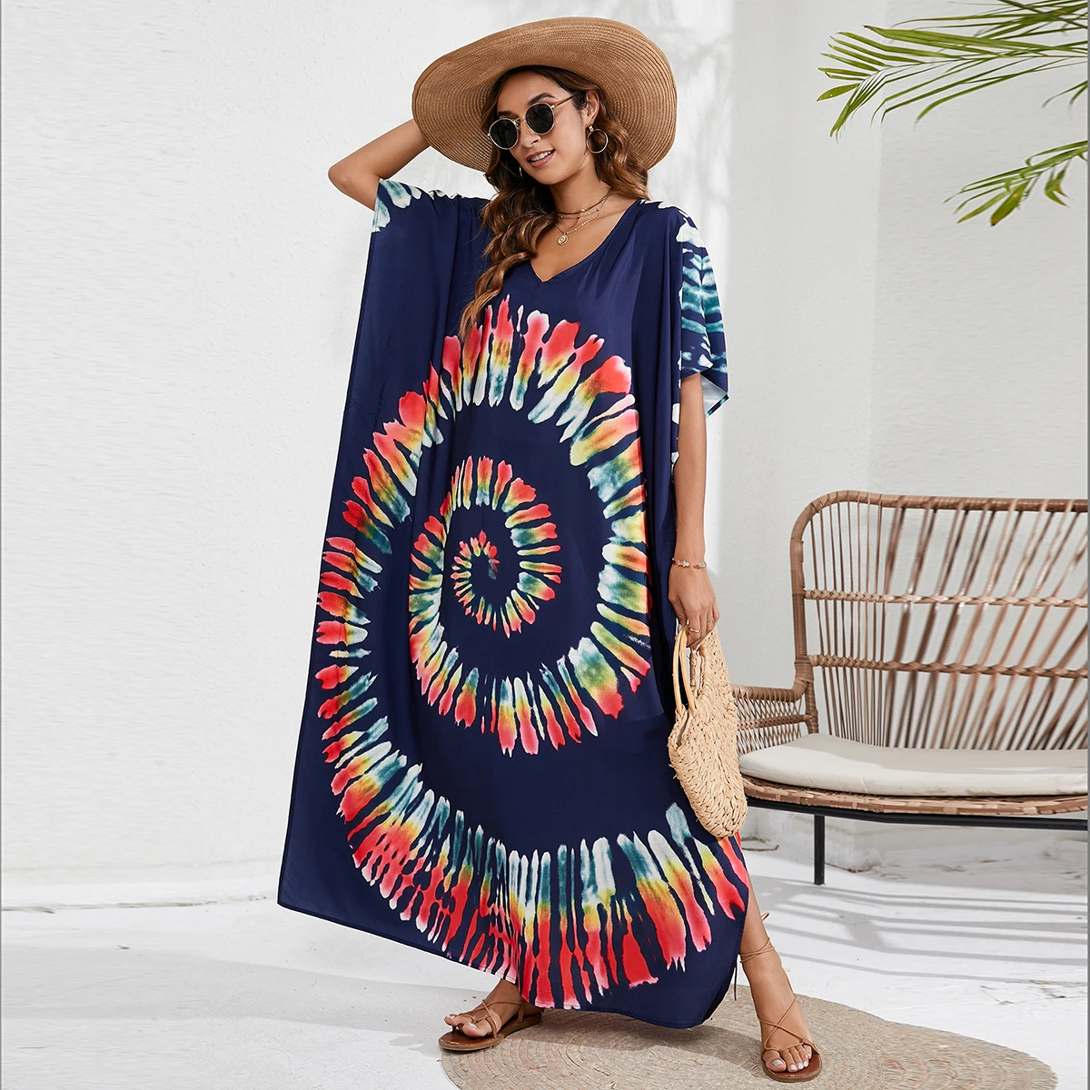 

Summer Beach Boho Ethnic Full Print V-Neck Side Slit Vacation Dress Beach Cover Up