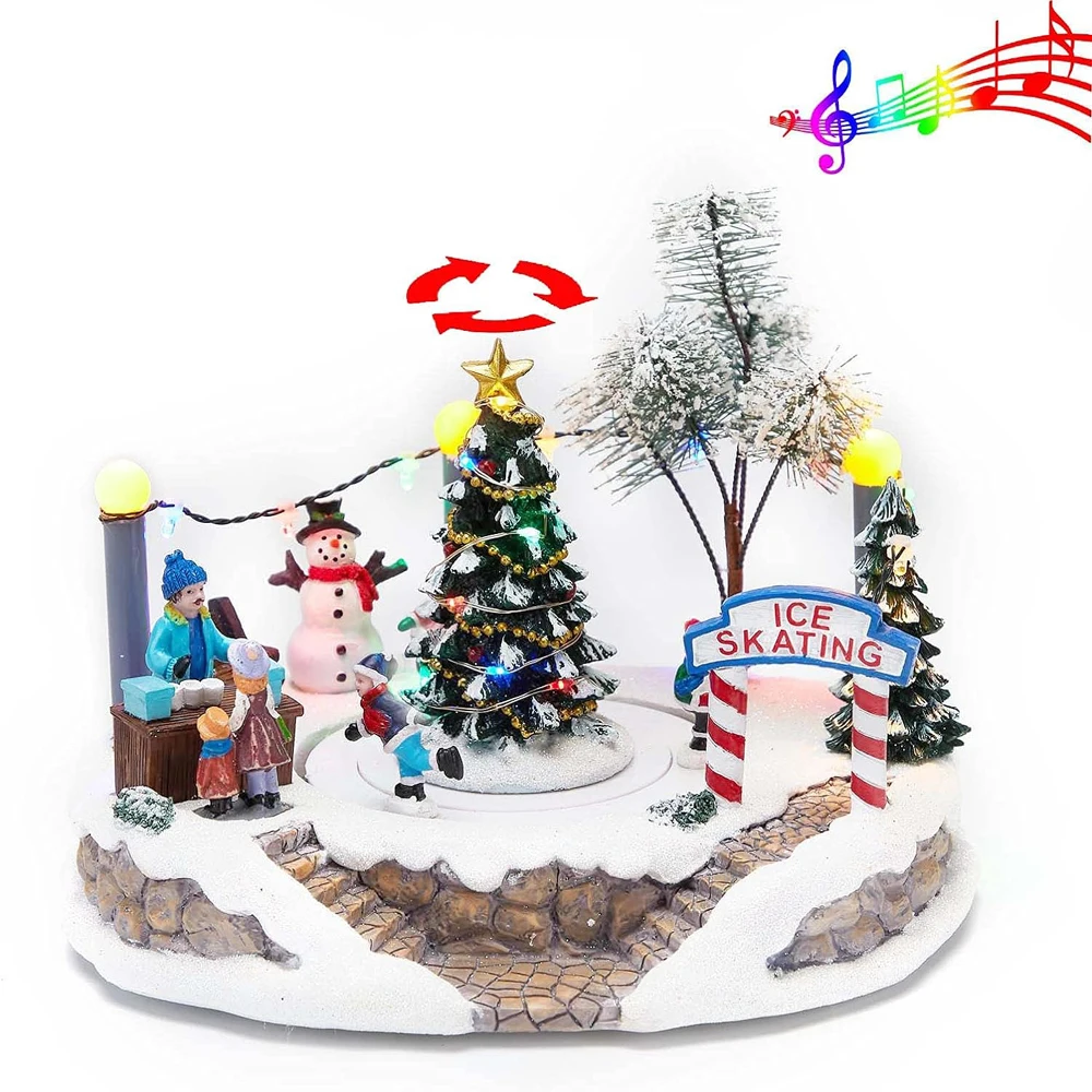 Winter LED-Lighted Christmas Village Scene, Illuminated & Animated Lighted Musical Christmas Building with Center Tree Moving