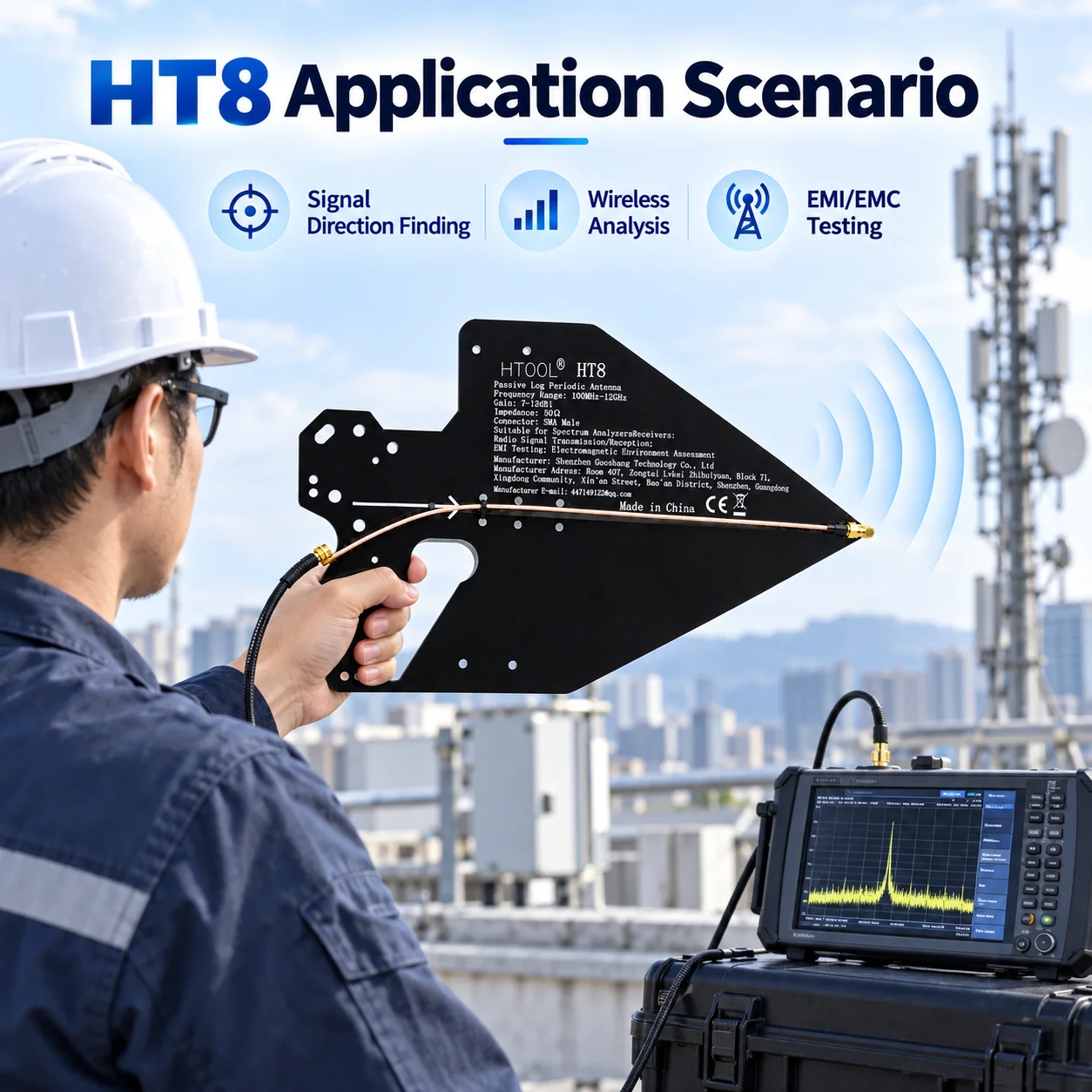 HTOOL HT8 100MHz-12GHz Handheld Log Periodic Antenna 7-12dBi High Gain SMA for Spectrum Analysis, Direction Finding, EMC